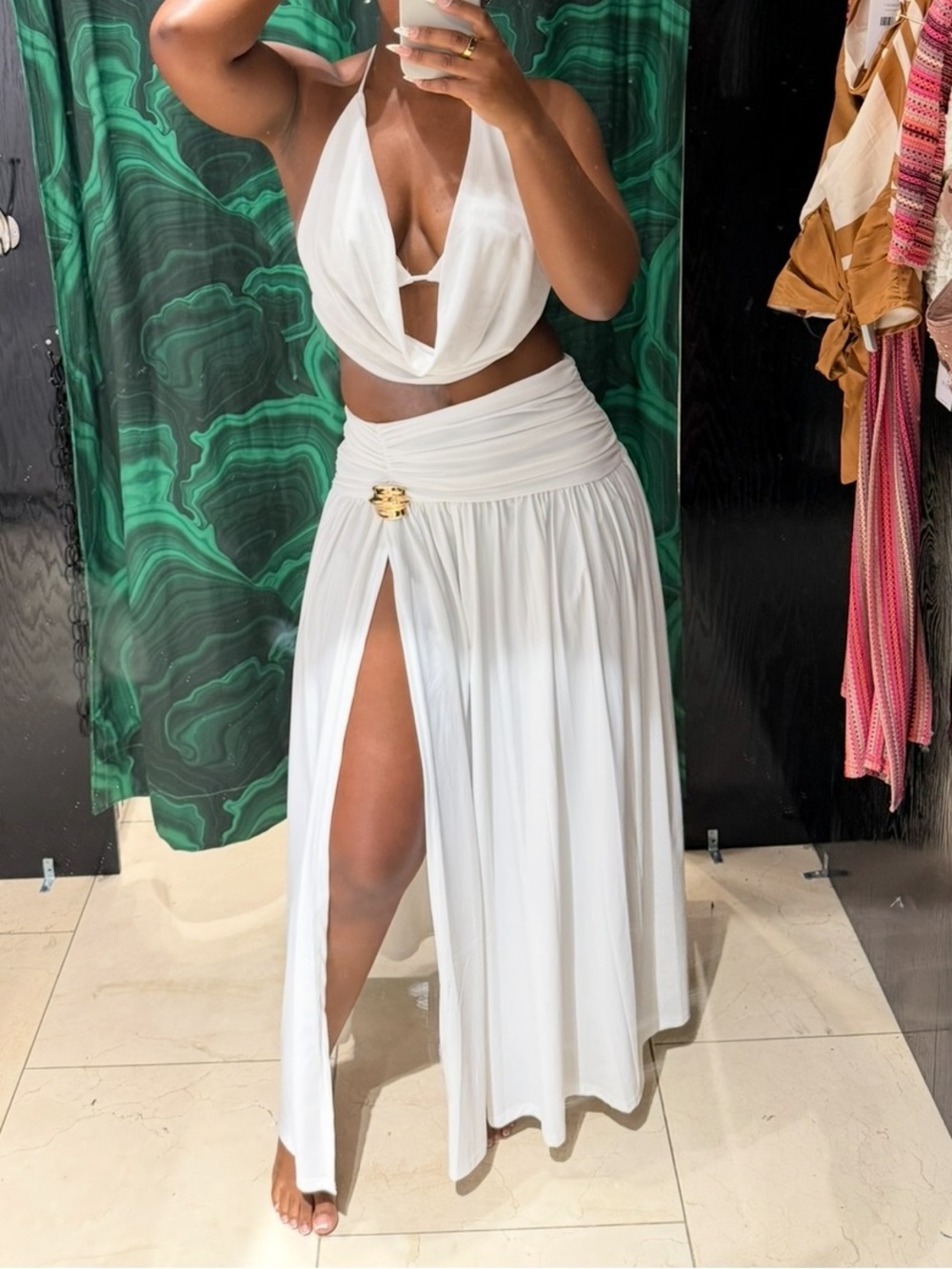 AKIRA White Maxi Skirt Set with Gold Accent and High Slit